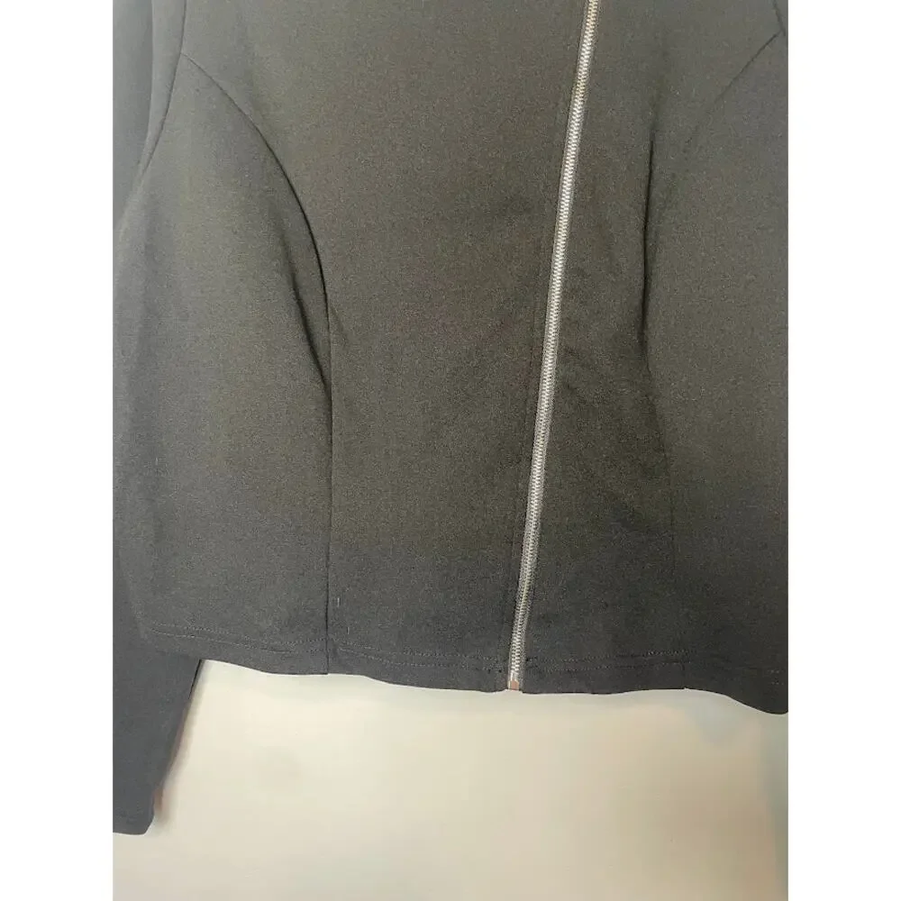 Women's Black Moto Jacket Minimalist Diagonal Silver Full Zip Cropped Size 1XL